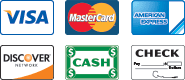We accept Visa, Mastercard, american express and discover cards as well as cash and check. 